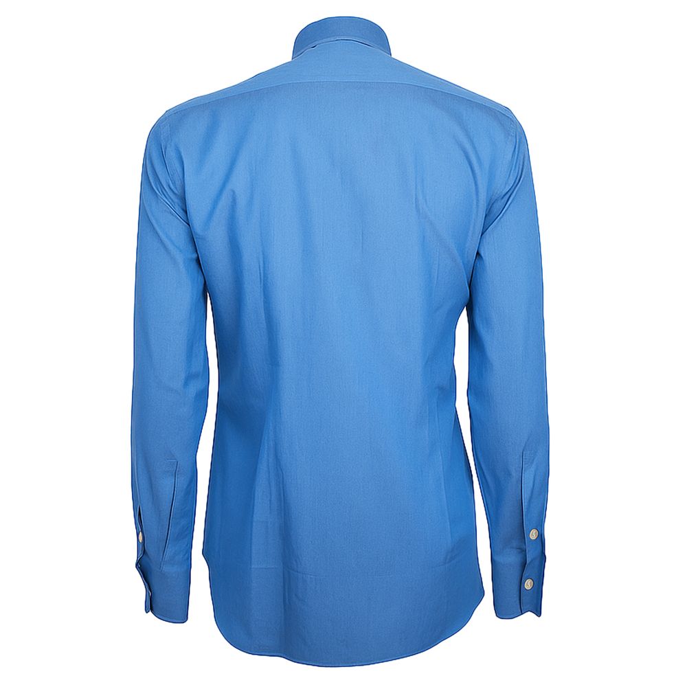 Made in Italy Blue Cotton Men's Shirt showing the back view. Long sleeve design with classic button closure. Luxurious and breathable fabric.