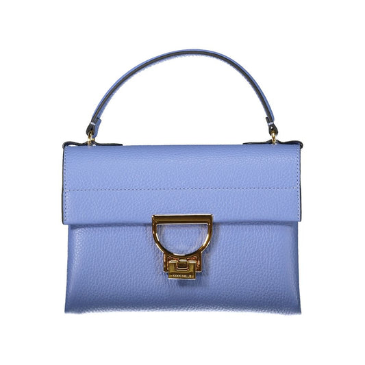 Coccinelle Light Blue Leather Women Handbag with gold twist closure, single handle, and adjustable shoulder strap on white background.