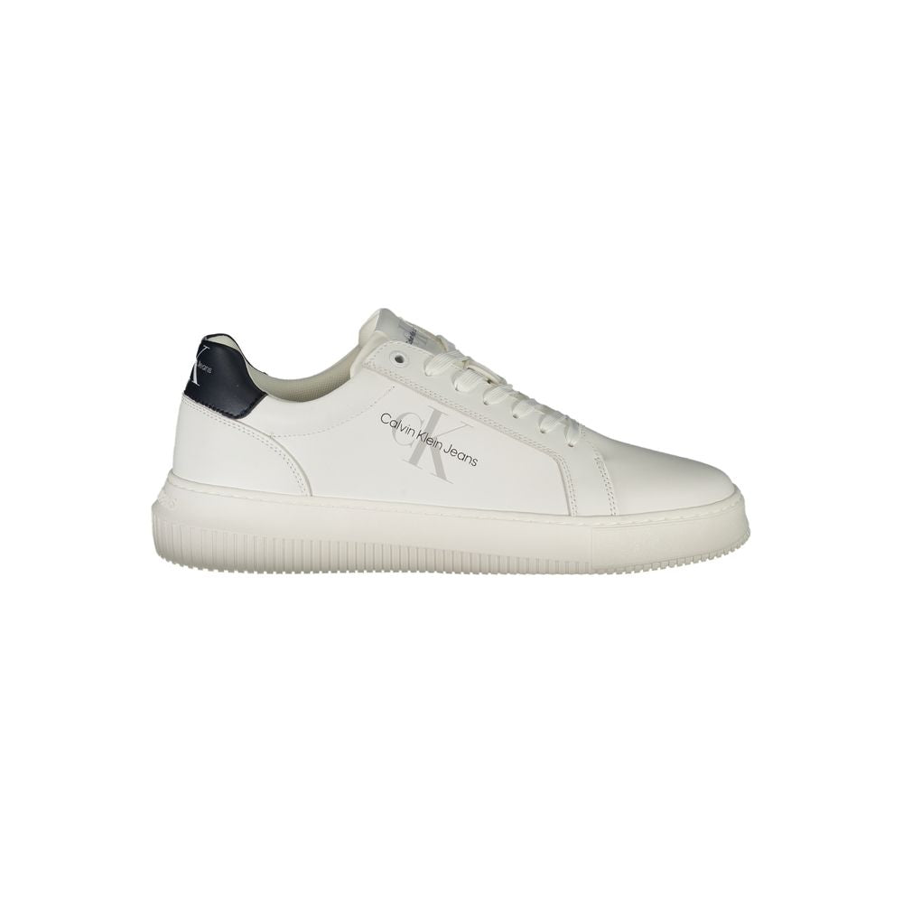 Calvin Klein White Leather Men Sneaker with black details, removable insole, and iconic logo, showcasing urban chic design.