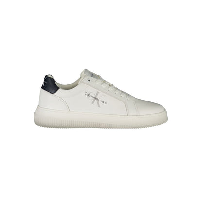 Calvin Klein White Leather Men Sneaker with black details, removable insole, and iconic logo, showcasing urban chic design.