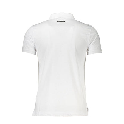 Back view of Cavalli Class White Cotton Men Polo Shirt, showcasing exquisite craftsmanship and iconic logo emblem on a crisp white design.