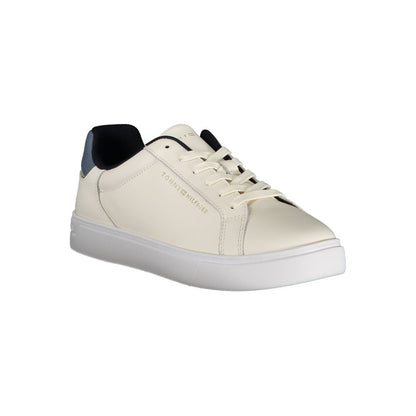 Tommy Hilfiger Beige Leather Women Sneaker with blue accents, showcasing elegant and durable design.