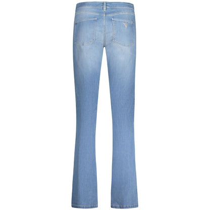 Back view of Guess Jeans Blue Cotton Women Jeans with classic 5-pocket design and mid-rise fit, showcasing a washed effect and sustainable style.