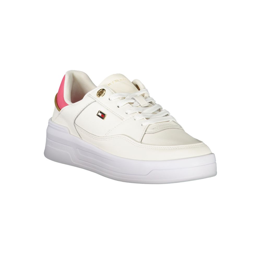 Tommy Hilfiger White Polyethylene Women Sneaker with gold and fuchsia accents, featuring signature logo and removable insole for comfort.
