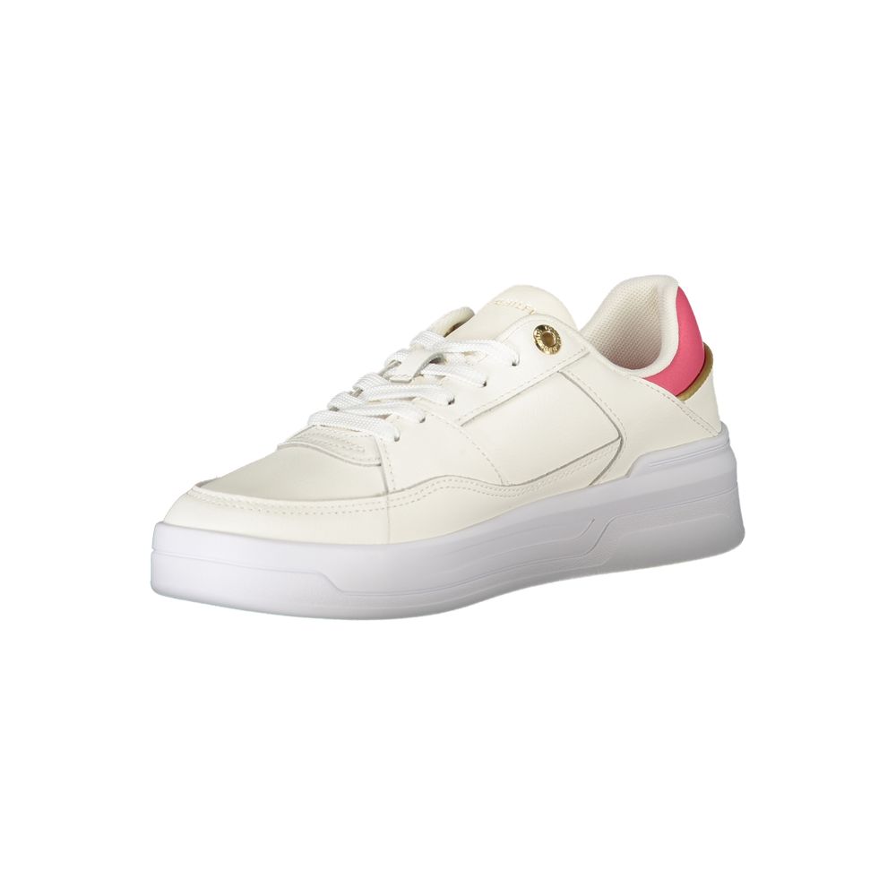 Tommy Hilfiger White Polyethylene Women Sneaker with gold and fuchsia accents, featuring a logo and removable insole for comfort.