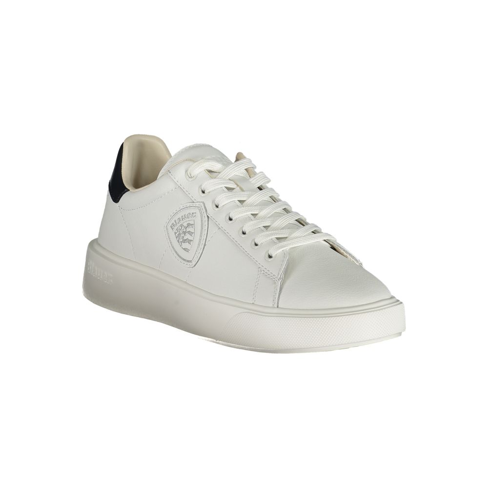 Blauer White Polyethylene Men Sneaker with blue accents, combining polyester, leather, and polyethylene for modern style and comfort.