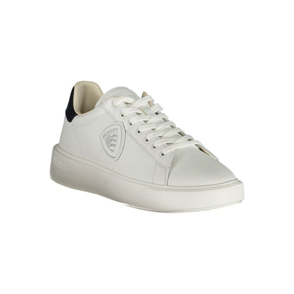 Blauer White Polyethylene Men Sneaker with blue accents, combining polyester, leather, and polyethylene for modern style and comfort.