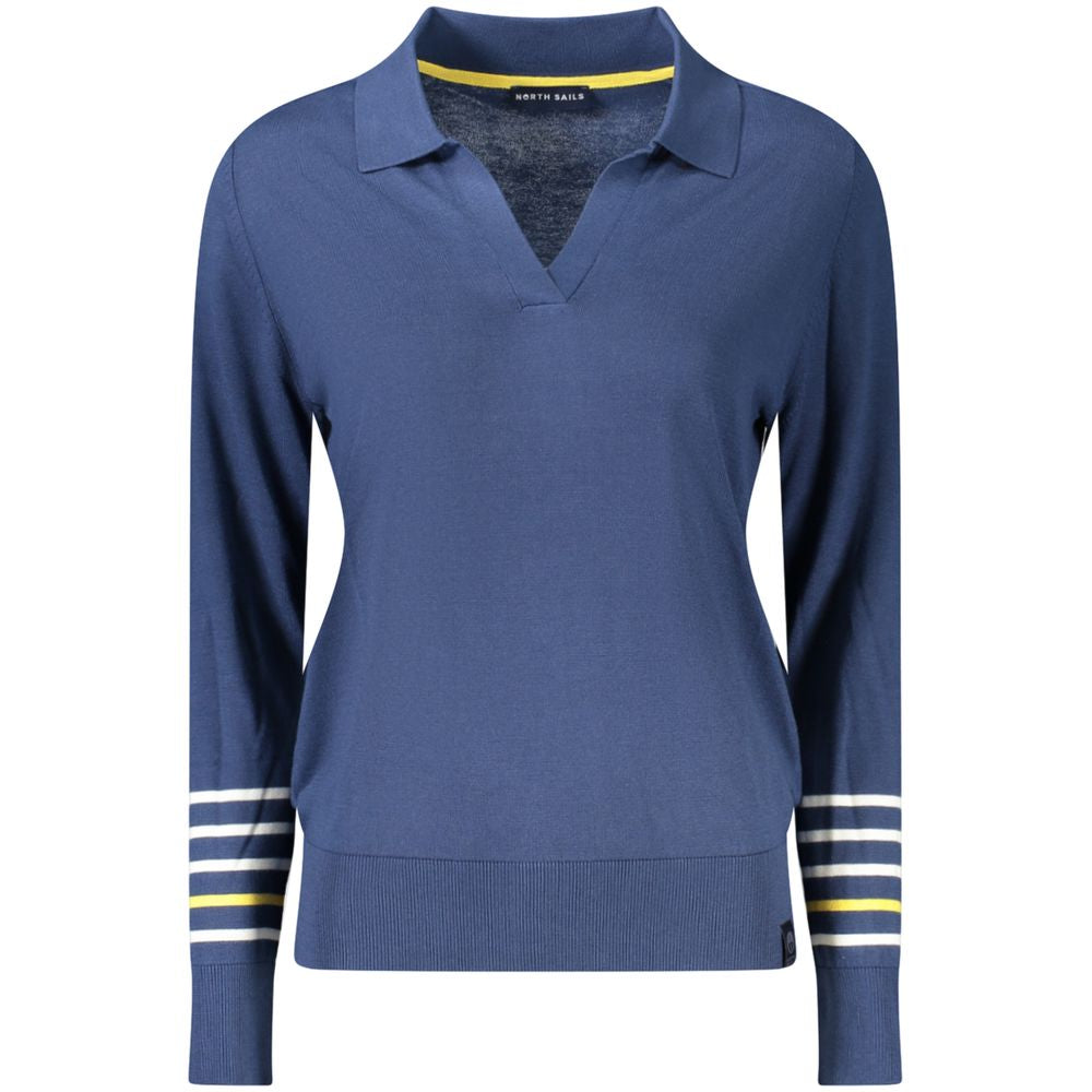 North Sails Blue Cotton Women Sweater, V-neck long-sleeved top with stripe details and logo, perfect for casual elegance.