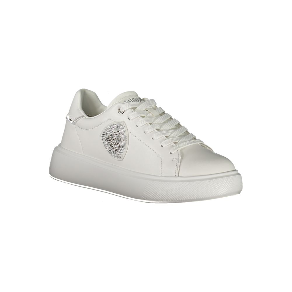 Blauer White Leather Women Sneaker with silver rhinestone accents and removable insole, featuring Blauer logo for sporty urban fashion.