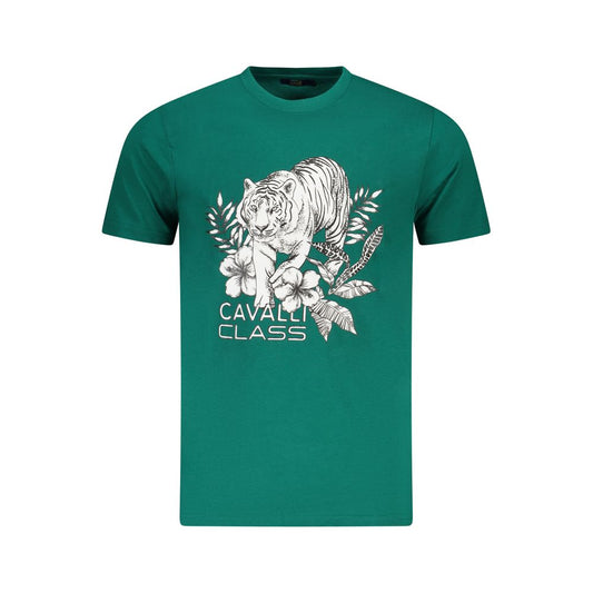 Cavalli Class Green Cotton Men T-Shirt with tiger and floral design, showcasing premium fashion-forward style.