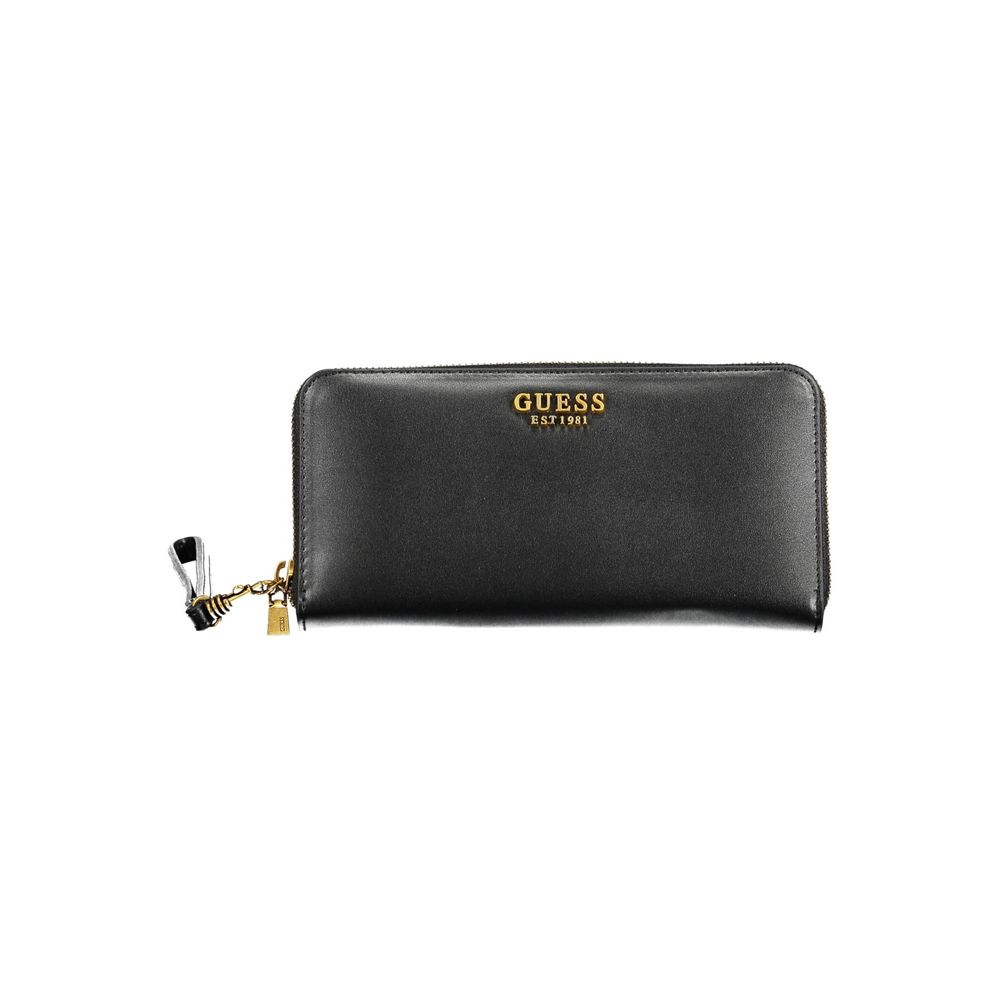 Guess Jeans Black Polyethylene Women Wallet with zip closure, sleek design, and multiple compartments.