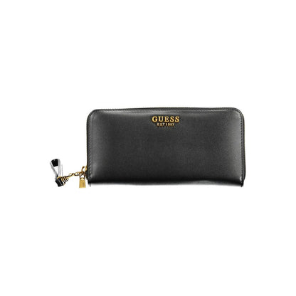 Guess Jeans Black Polyethylene Women Wallet with zip closure, sleek design, and multiple compartments.