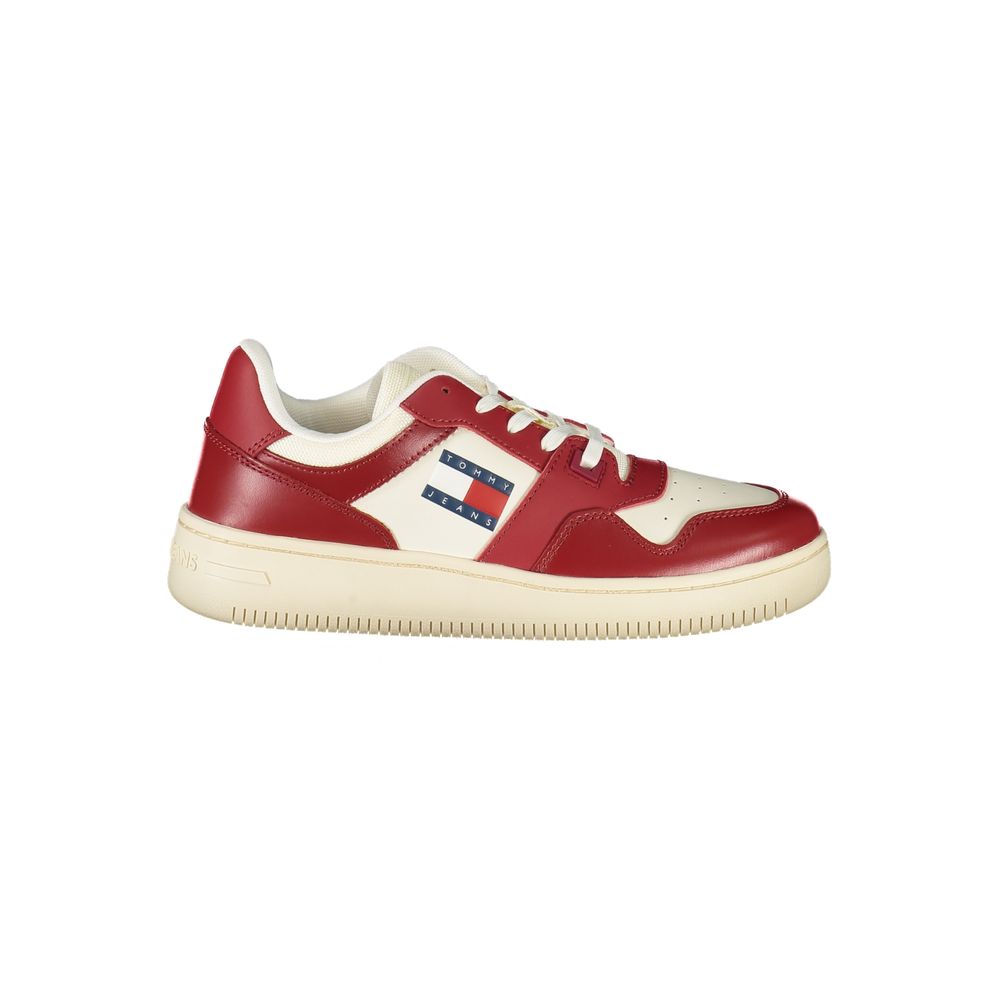 Tommy Hilfiger Red Leather Women Sneaker with bold red and contrasting accents, designed for comfort and style.