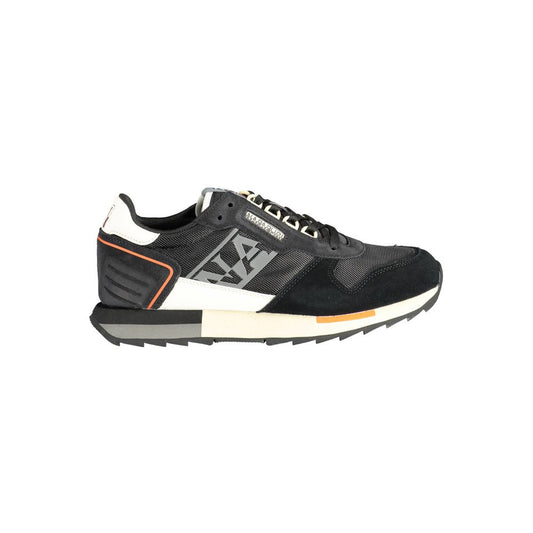 Napapijri Black Leather Men Sneaker with chic black hue and contrasting details, upscale athleisure footwear for style and adventure.