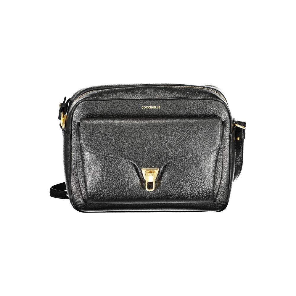 Coccinelle Black Leather Women Handbag with adjustable shoulder strap, showcasing elegant design and functional pockets.