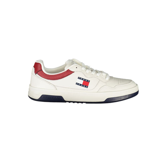 Tommy Hilfiger White Leather Men Sneaker with logo and contrasting details in a side profile view