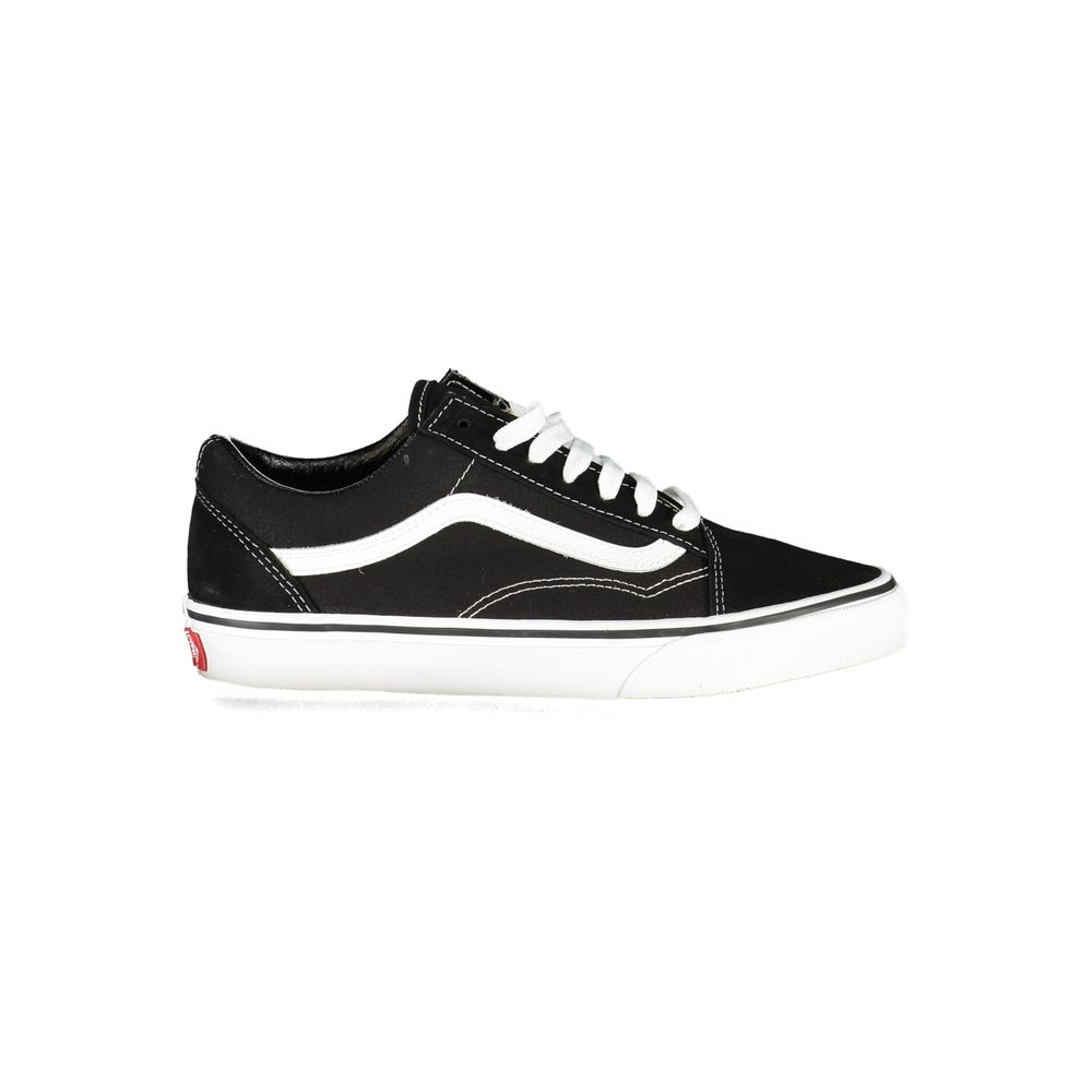 Vans Black Leather Men Sneaker featuring signature side stripe in a sleek black and white design.