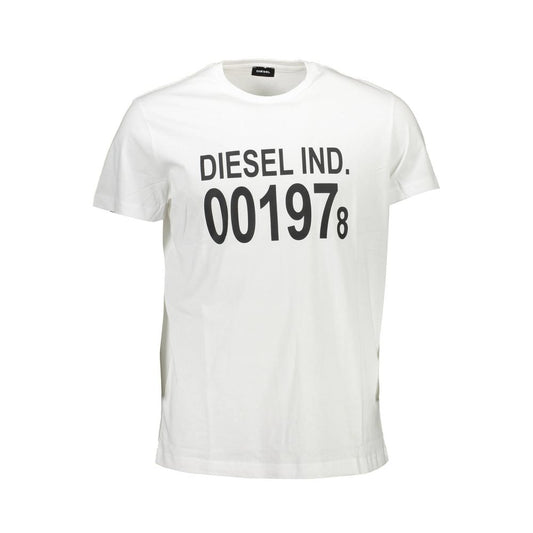 Diesel White Cotton Men T-Shirt with bold print and Diesel logo, crafted from soft cotton for comfort and style.