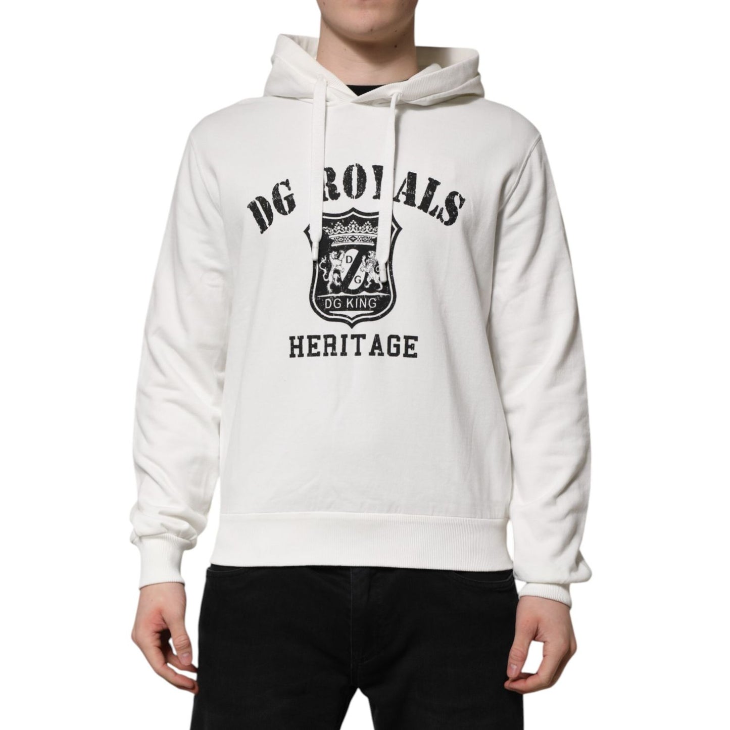 Dolce & Gabbana White Cotton DG ROYAL Print Hooded Sweater Dolce & Gabbana