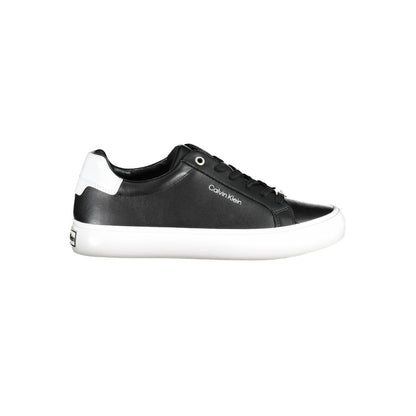 Calvin Klein Black Leather Women Sneaker with contrasting white sole, showcasing urban elegance and sustainable materials.