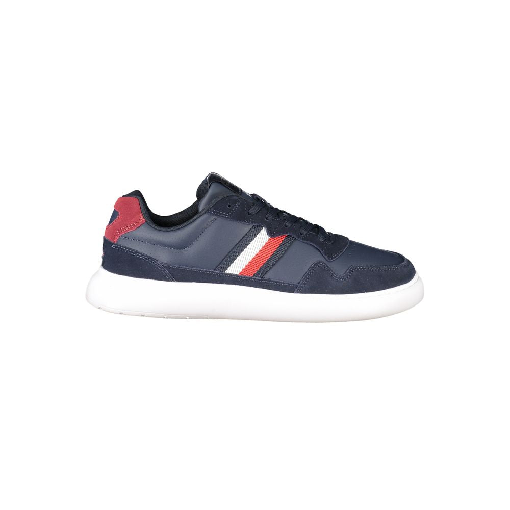 Tommy Hilfiger Blue Leather Men Sneaker with iconic logo and contrast details, ideal for modern trendsetters seeking style and comfort.