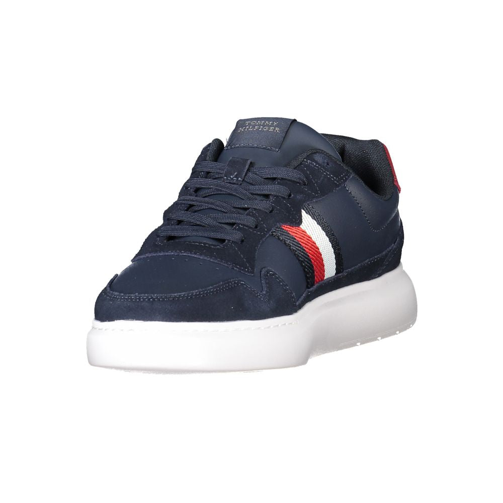Tommy Hilfiger Blue Leather Men Sneaker with contrasting details and logo embroidery on a white sole.
