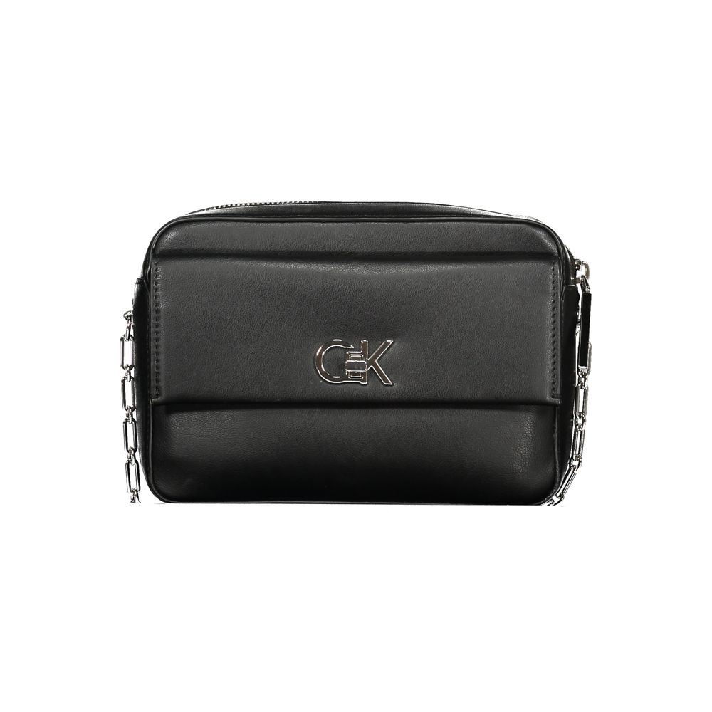 Calvin Klein Black Polyester Women Handbag with logo, external pocket, internal card pocket, and zip closure.