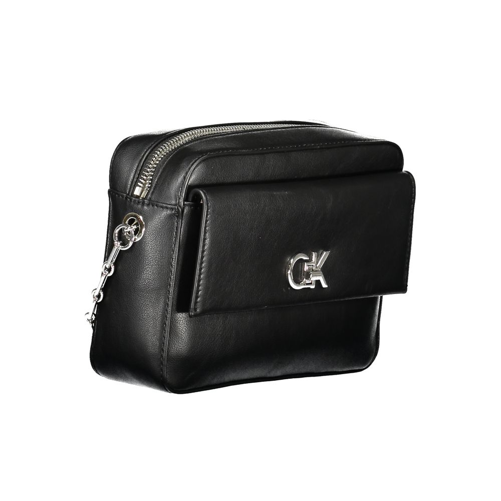 Calvin Klein Black Polyester Women Handbag with logo, featuring external pocket and zip closure, eco-conscious, elegant design.