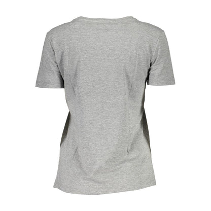 Back view of Guess Jeans Gray Cotton Women T-Shirt, short sleeve, wide neck, with iconic logo, perfect for casual chic style.