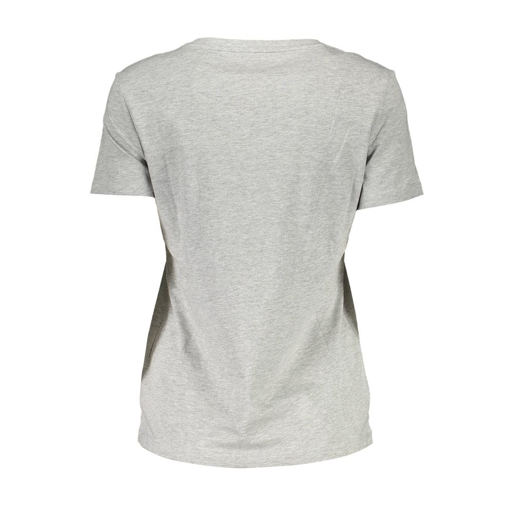 Back view of Guess Jeans Gray Cotton Women T-Shirt with crew neck, logo print, and eco-friendly material.