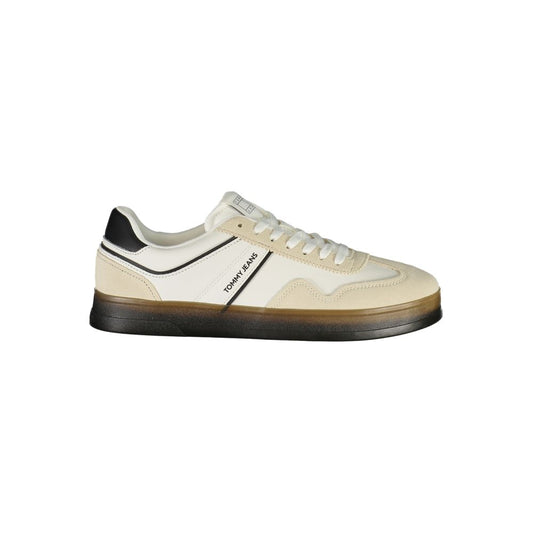Tommy Hilfiger White Leather Men Sneaker with black accents and logo, side view.