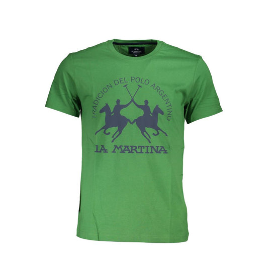 La Martina Green Cotton Men T-Shirt with signature print and logo, casual crew neck tee for stylish gentlemen.