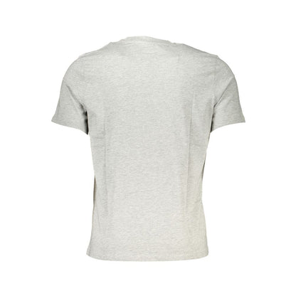 Back view of a plain gray cotton T-shirt on a white background, showcasing simple design and short-sleeve style.