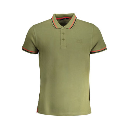 Cavalli Class Green Cotton Polo Shirt with short sleeves, 3 buttons, contrast details, embroidery, and logo.