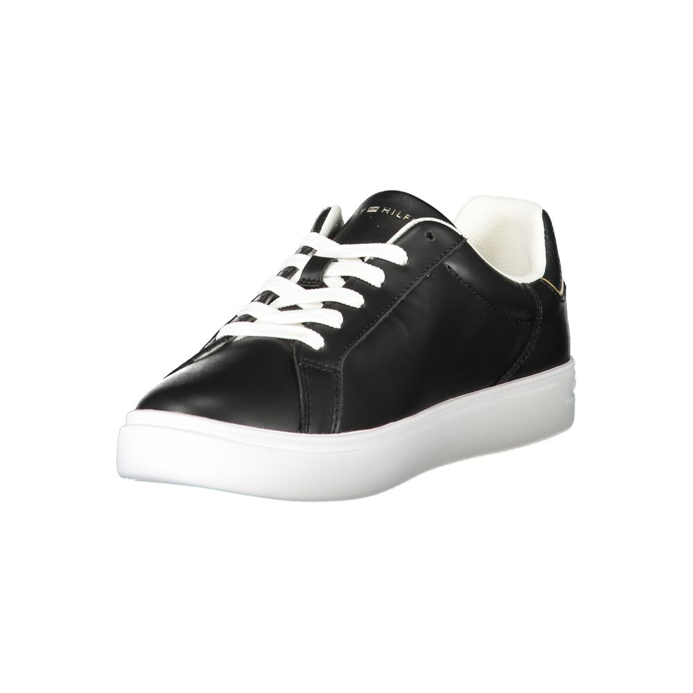 Tommy Hilfiger Black Leather Women Sneaker with lace-up design and contrast details, perfect for stylish urban streetwear.