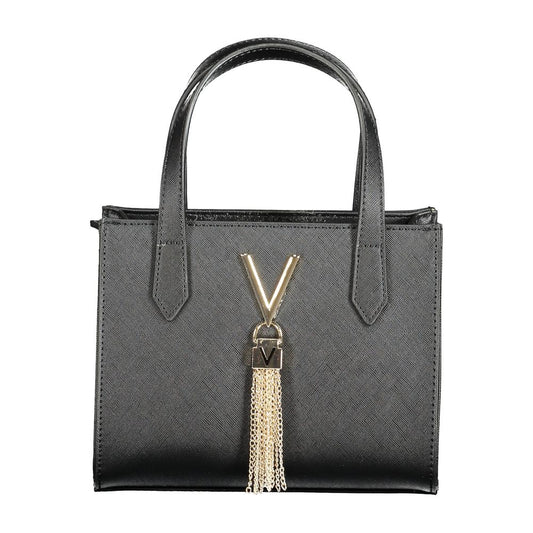 Mario Valentino Black Polyethylene Women Handbag with gold accents and chain tassel, featuring dual handles, and a chic silhouette.