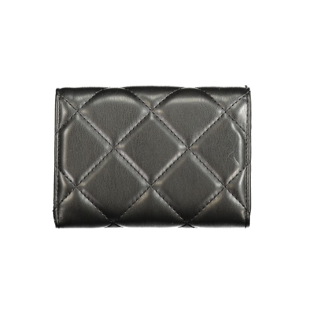 Mario Valentino Black Polyethylene Wallet with quilted design, 3 compartments, and zip closure, featuring logo and recycled materials.