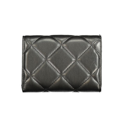 Mario Valentino Black Polyethylene Wallet with quilted design, 3 compartments, and zip closure, featuring logo and recycled materials.