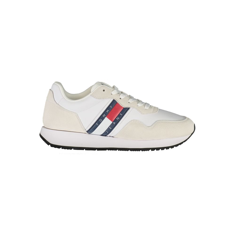 Tommy Hilfiger White Leather Men Sneaker with iconic logo and stylish design, featuring a cushioned, luxurious blend of materials.