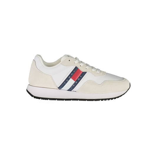 Tommy Hilfiger White Leather Men Sneaker with logo and contrasting details in a stylish design.