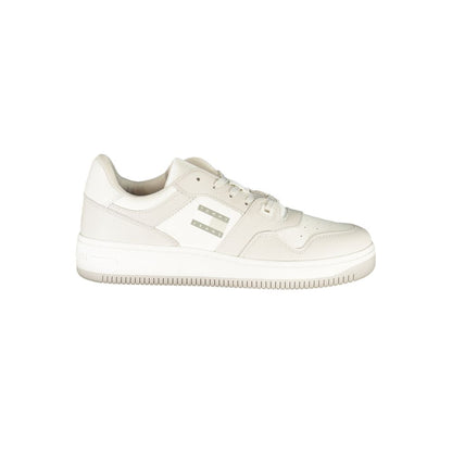 Tommy Hilfiger White Leather Men Sneaker with light grey accents and removable footbed, perfect for casual outings.