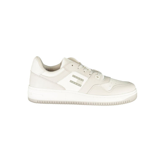 Tommy Hilfiger White Leather Men Sneaker with grey details and branding for a sporty chic look, perfect for trendsetters.