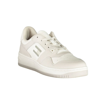 Tommy Hilfiger White Leather Men Sneaker with grey details and branding for trendy, casual style. Removable footbed, perfect for trendsetters.