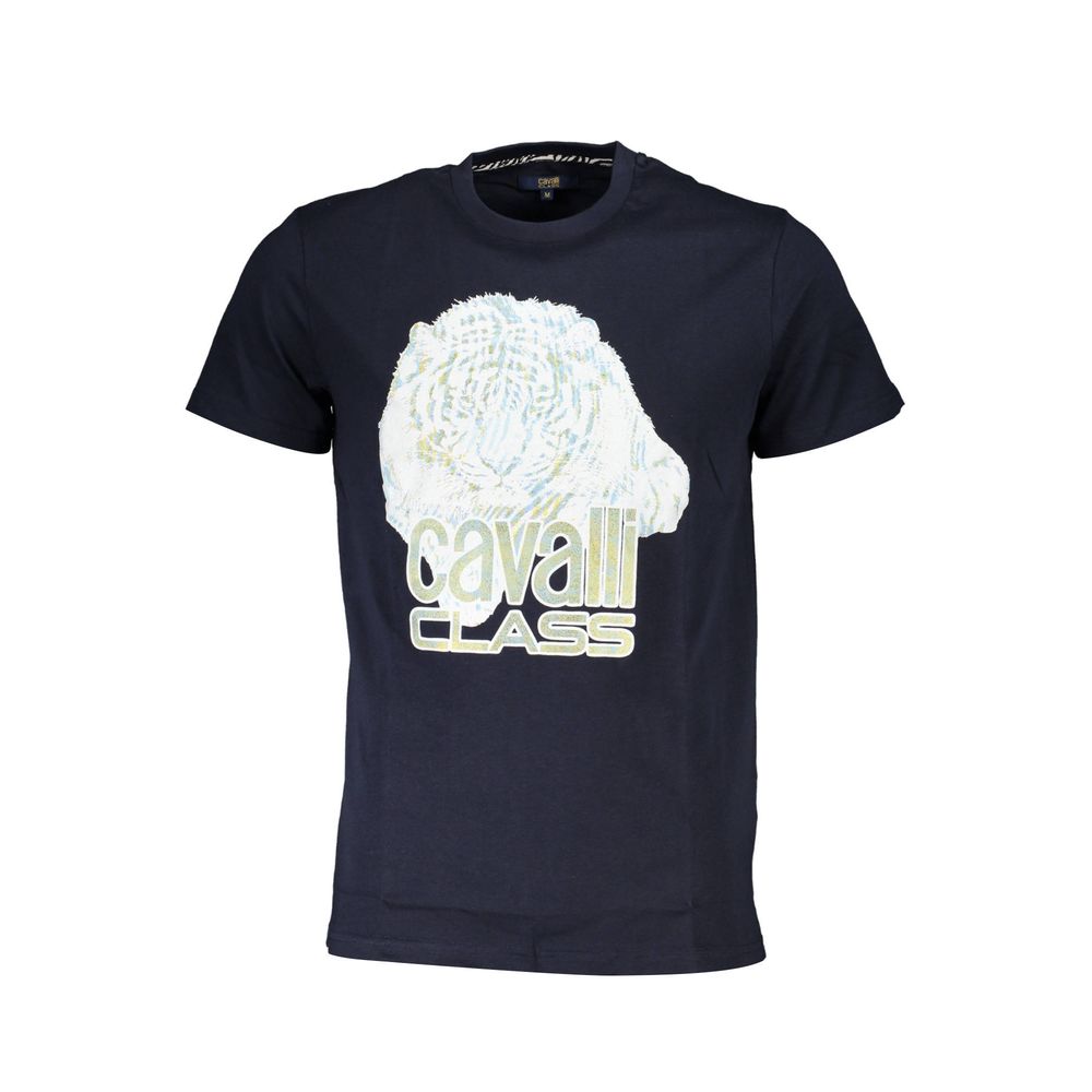 Cavalli Class Blue Cotton Men T-Shirt with bold logo print, premium design, contemporary fashion elegance, and luxurious comfort.