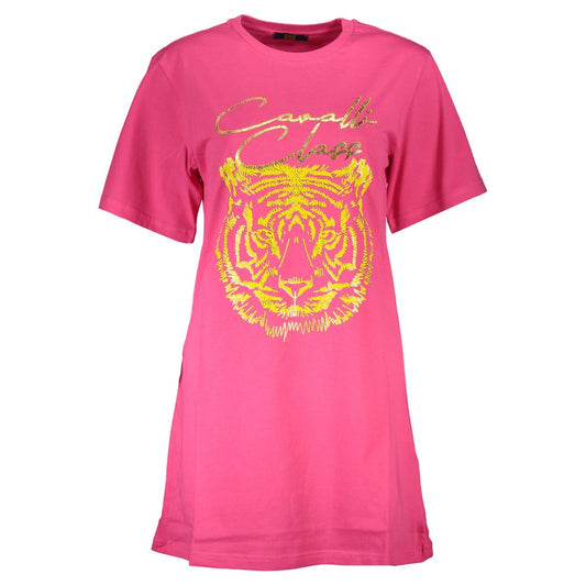 Cavalli Class Pink Cotton Women T-Shirt with tiger print and logo, short sleeve, luxury fashion top.