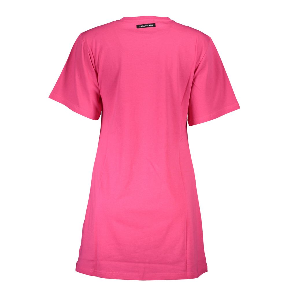 Back view of Cavalli Class Pink Cotton Women T-Shirt with short sleeves and logo, showcasing chic and luxurious design.