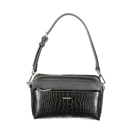 Calvin Klein Black Polyester Handbag with adjustable strap, zipper closure, and external pocket. Sleek design with contrast details.