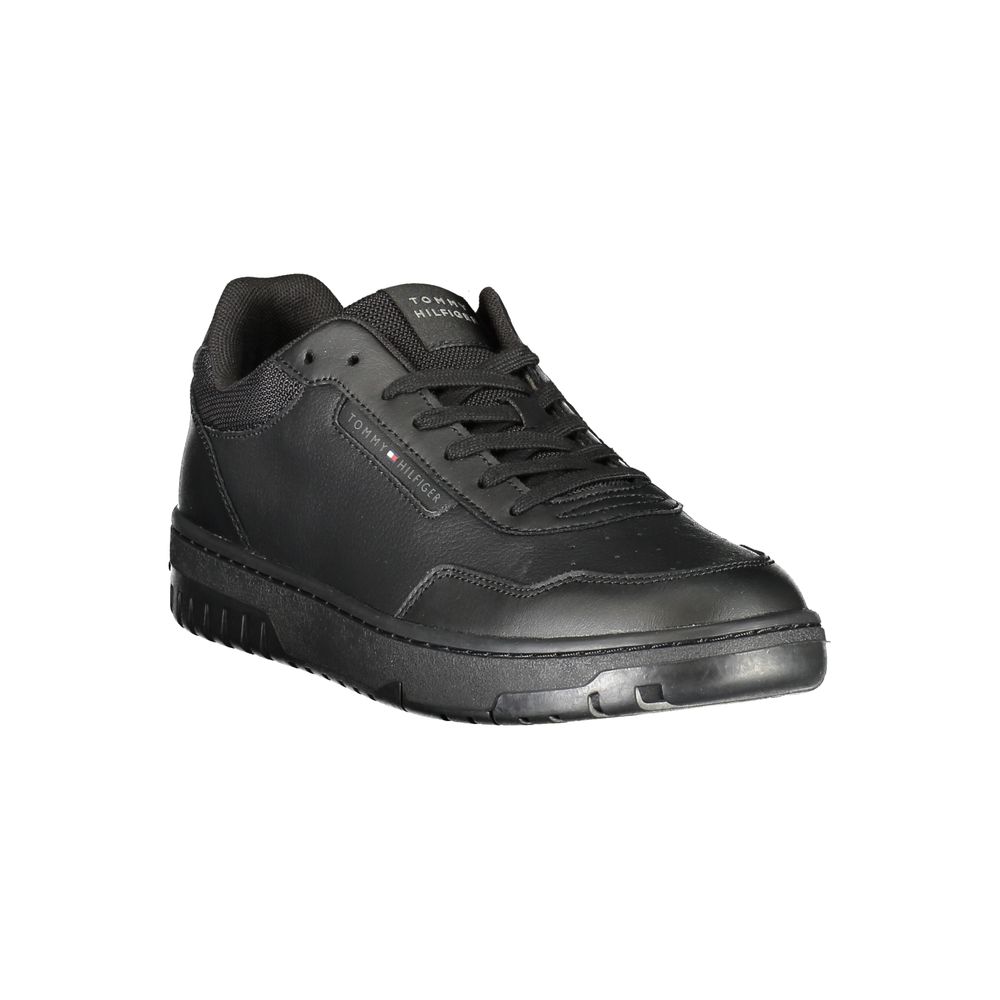 Alt Tag: Tommy Hilfiger Black Leather Men Sneaker with sleek urban design and iconic logo, featuring a comfortable removable footbed.