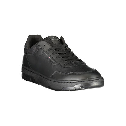 Alt Tag: Tommy Hilfiger Black Leather Men Sneaker with sleek urban design and iconic logo, featuring a comfortable removable footbed.