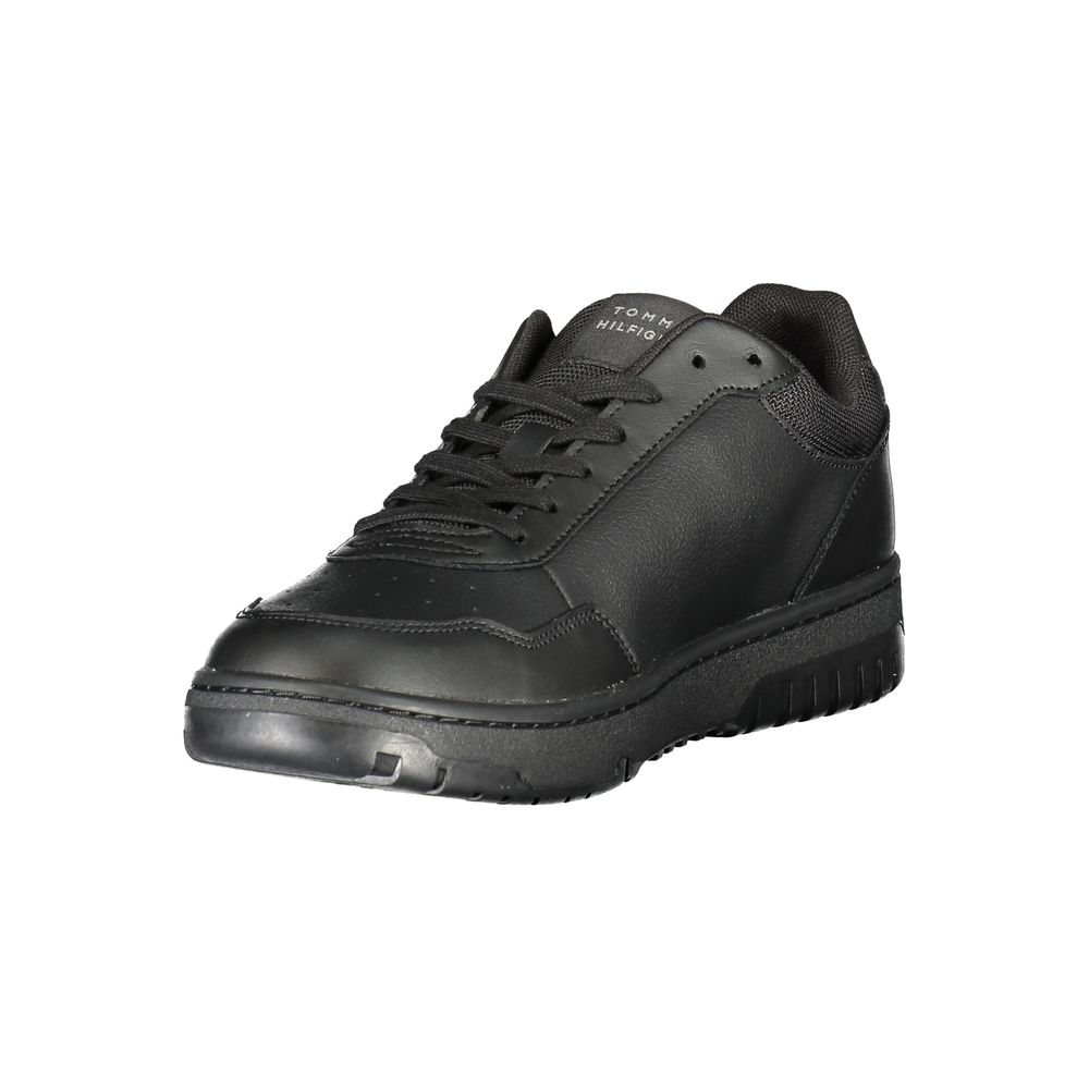 Tommy Hilfiger Black Leather Men Sneaker featuring sleek design and iconic branding for stylish, urban look.